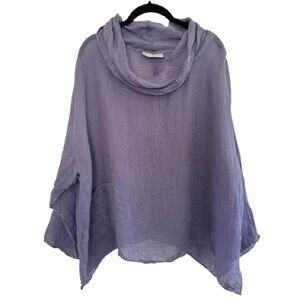 Eleven Stitch Design 100% Linen Cowl Neck Blouse Lagenlook Minimal Purple Sheer